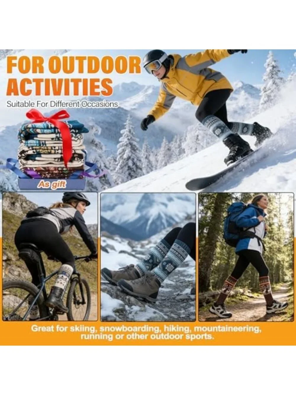 3 Pairs Thermal Merino Wool Knee High Ski Socks for Winter Sports - Warm & Thick
